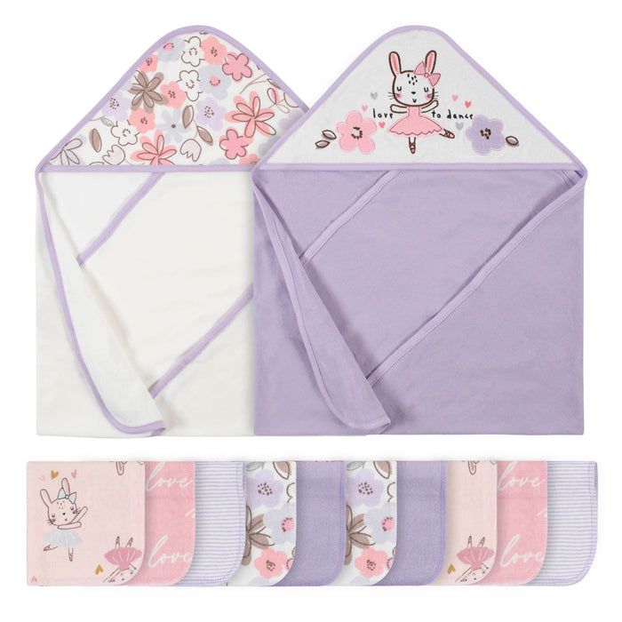 12-Piece Girls Bunny Ballerina Hooded Towel & Washcloth Set-Gerber Childrenswear