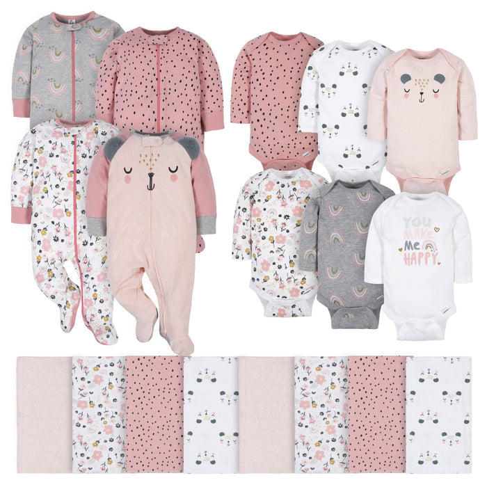 18-Piece Baby Girls Bear Sleep 'N Play, Onesies® Bodysuit, and Burpcloth Set-Gerber Childrenswear