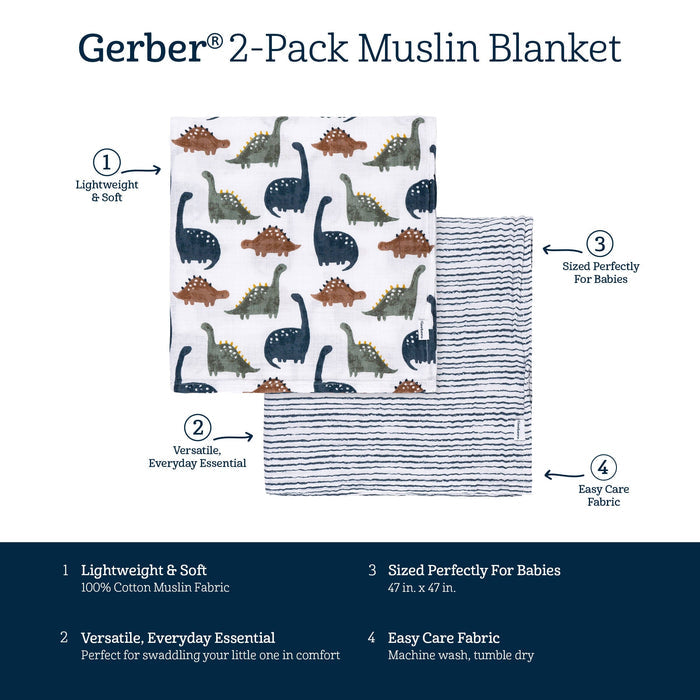 2-Pack Baby Boys Dino Time Muslin Blanket