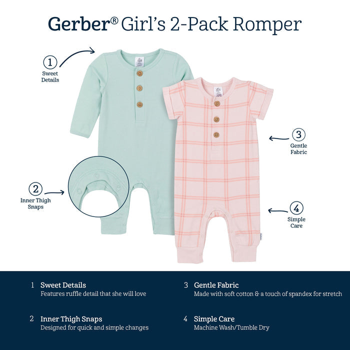 2-Pack Baby Girls Pink Plaid & Green Rompers
