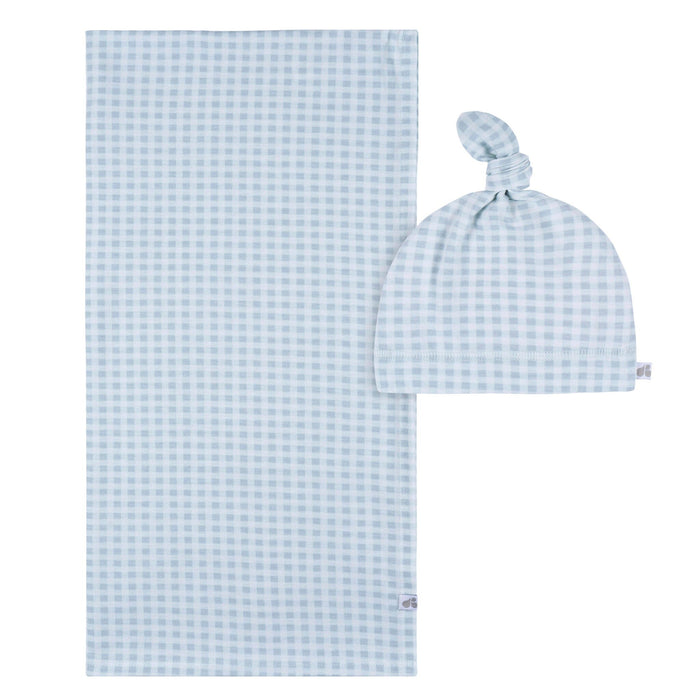 2-Piece Baby Boys Blue Plaid Swaddle Blanket & Hat Set Gerber®