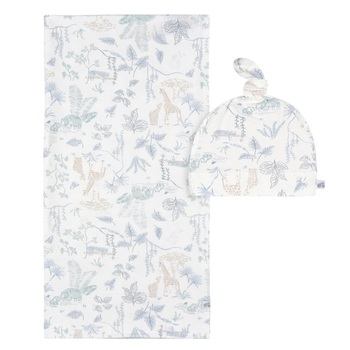 2-Piece Baby Boys Ivory Blue Palms Swaddle Blanket & Hat Set Gerber®