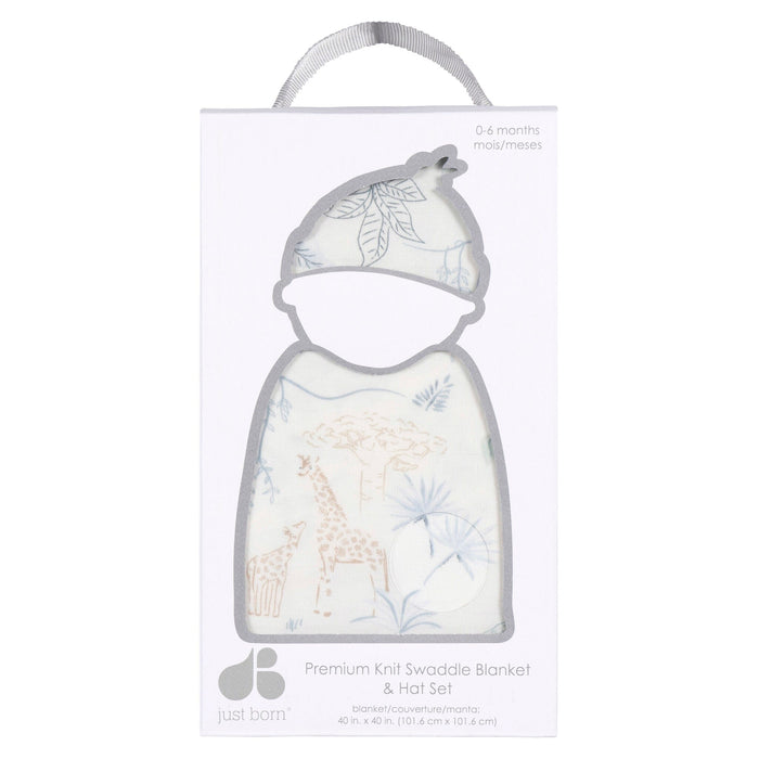 2-Piece Baby Boys Ivory Blue Palms Swaddle Blanket & Hat Set Gerber®