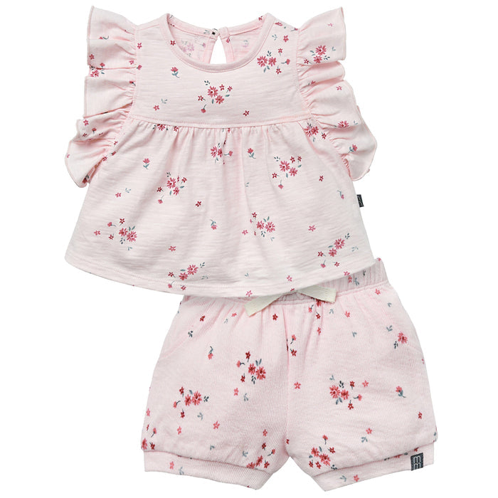 2-Piece Baby Girls Light Pink Floral Ruffled Sleeve Top & Cuffed Shorts Set outfits-doorbusters modern moments™ by Gerber®