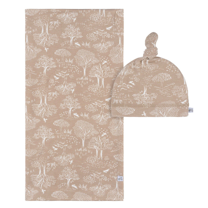 2-Piece Baby Neutral Ivory Tan Forest Swaddle Blanket & Hat Set Gerber®