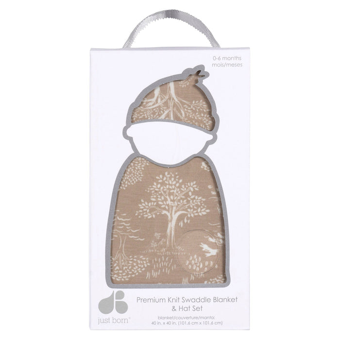 2-Piece Baby Neutral Ivory Tan Forest Swaddle Blanket & Hat Set Gerber®