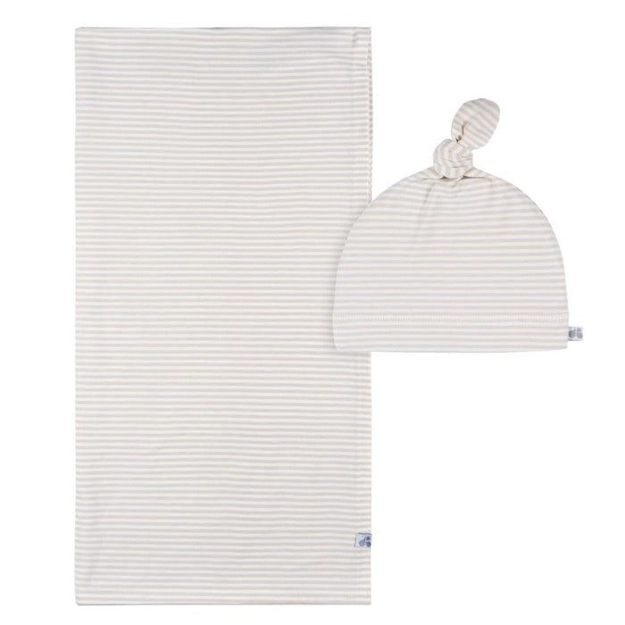 2-Piece Baby Neutral Tan Stripe Swaddle Blanket & Hat Set Gerber®