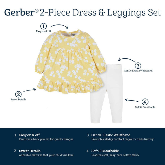 2-Piece Baby & Toddler Girls Golden Flowers Long Sleeve Dress & Leggings Set