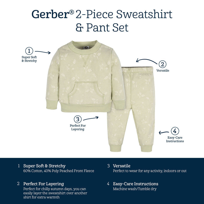 2-Piece Baby & Toddler Girls Green Leaves Sweatshirt & Active Pant Set