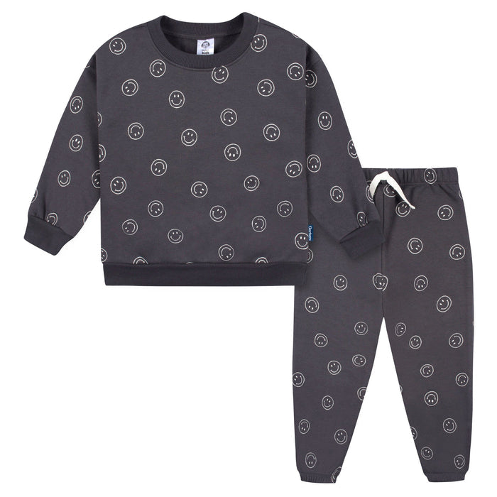 2-Multi Pc Sets Infant and Toddler Boys Charcoal Smiley Sweatshirt & Pant