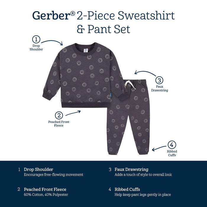 2-Piece Infant and Toddler Boys Charcoal Smiley Sweatshirt & Jogger Set