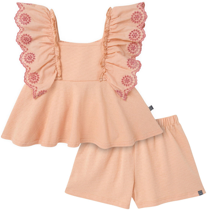 2-Piece Girls Apricot Cream Dusty Rose Eyelet Top and Shorts outfits modern moments™ by Gerber®