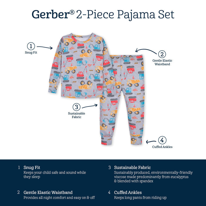 2-Piece Infant & Toddler Boys Construction Trucks Buttery-Soft Viscose Made from Eucalyptus Snug Fit Pajamas