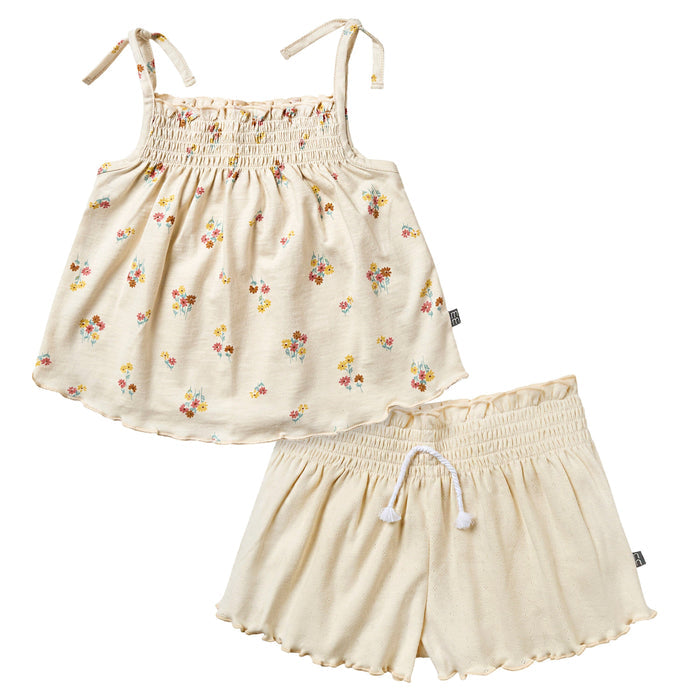 2-Piece Infant & Toddler Girls Beige Flowers Smocked Sleeveless Top & Wide Leg Shorts Bundle outfits Modern Moments™ by Gerber®