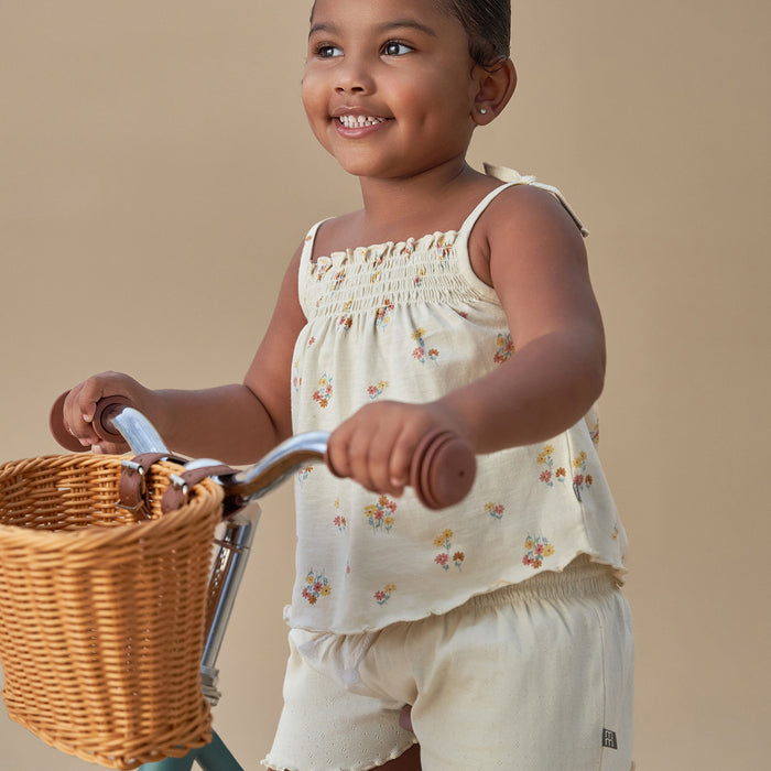 2-Piece Infant & Toddler Girls Beige Flowers Smocked Sleeveless Top & Wide Leg Shorts Bundle outfits Modern Moments™ by Gerber®