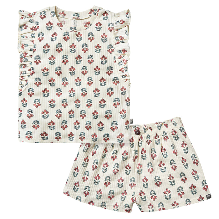 2-Pack Ivory Flower Ruffled Sleeveless Top & Wide Leg Shorts Bundle Gerber Childrenswear