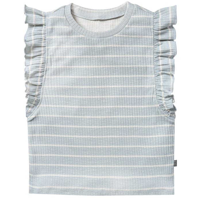 Light blue and white striped baby dress with ruffled sleeves on a white background