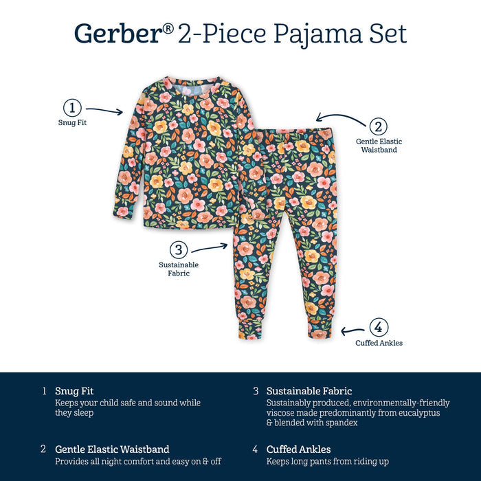 2-Piece Infant & Toddler Girls Midnight Floral Buttery-Soft Viscose Made from Eucalyptus Snug Fit Pajamas