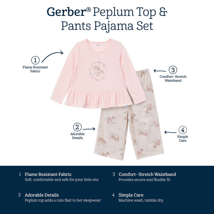 2-Piece Toddler Girls Deer Peplum Pajama Set