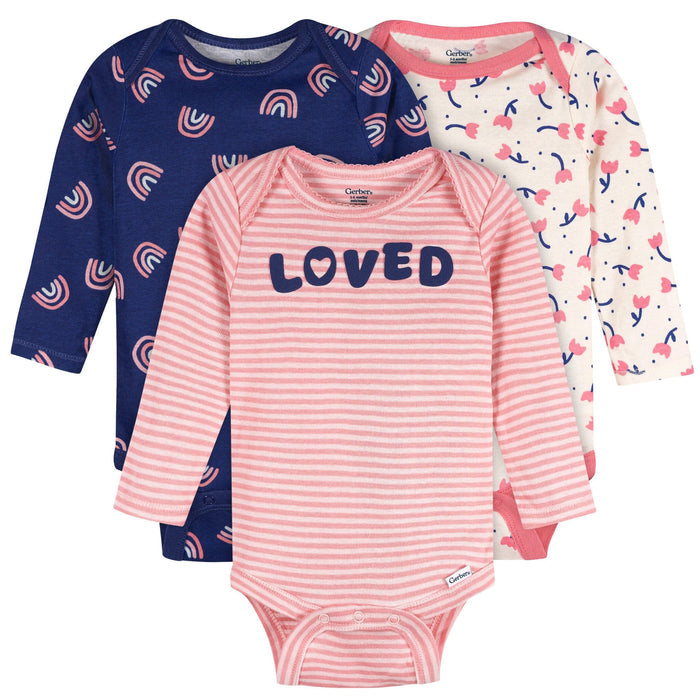 3-Pack Baby Girls Loved Long Sleeve Onesies® Bodysuits Onesies Bodysuits Gerber®