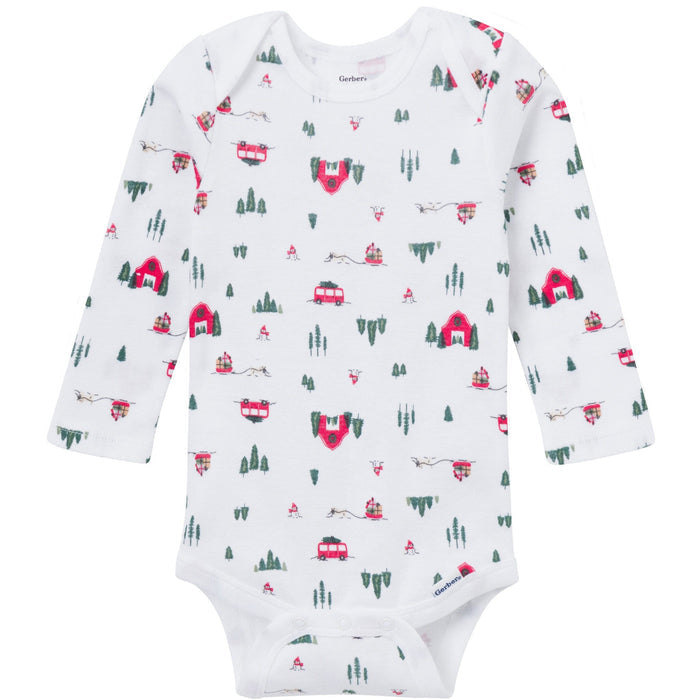 Baby onesie with camping pattern on a white background