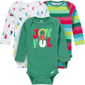 Three baby bodysuits with different designs on a white background