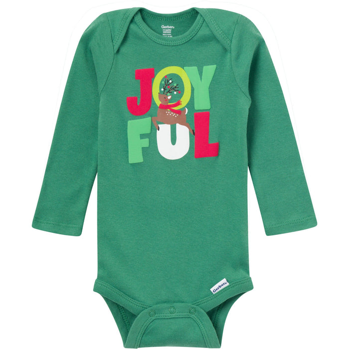 Green baby onesie with 'JOYFUL' print on a white background