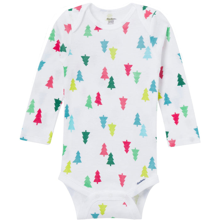 Baby onesie with colorful Christmas tree pattern on a white background