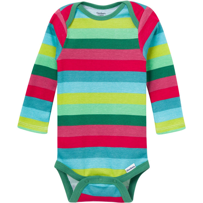 Colorful striped baby bodysuit on a white background