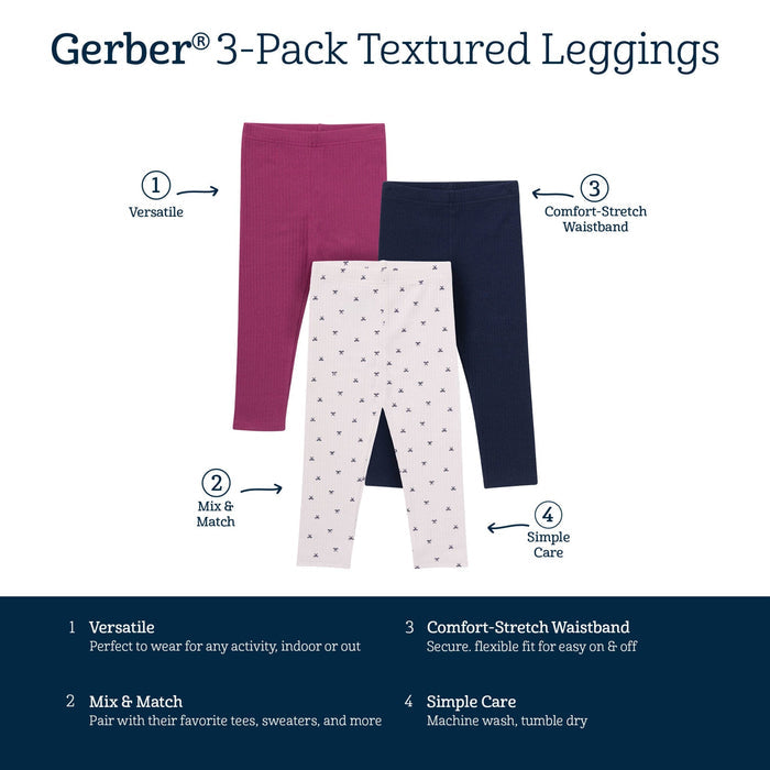 3-Pack Baby & Toddler Girls Pink Bows, Blue & Purple Ribbed Leggings bottoms Gerber®