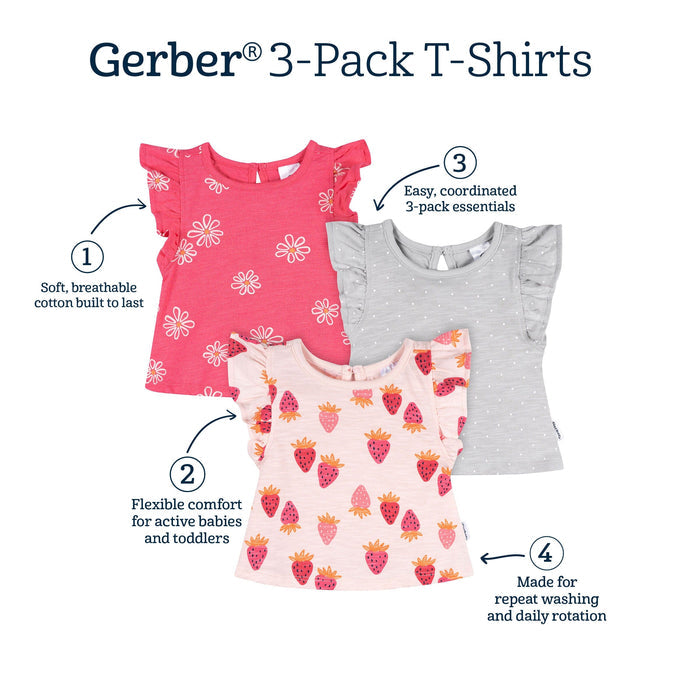 3-Pack Baby & Toddler Girls Pink Strawberries Short Sleeve Shirts tops Gerber®