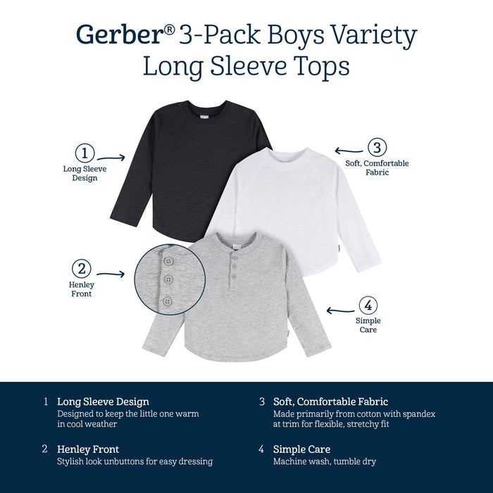 3-Pack Infant & Toddler Boys Black/White/Grey Long Sleeve Shirts Tops Gerber®