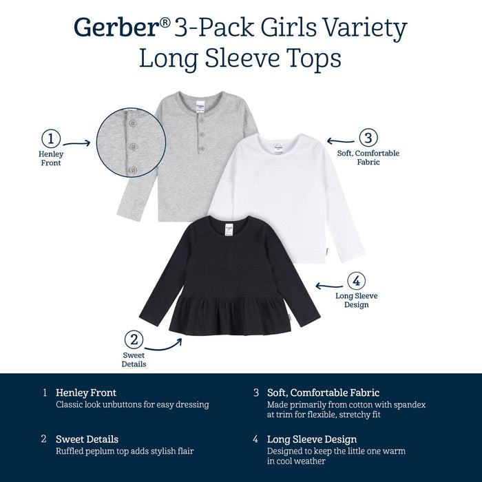 3-Pack Infant & Toddler Girls Black/White/Grey Long Sleeve Shirts Tops Gerber®
