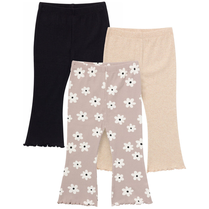 3-Pack Infant & Toddler Girls Brown Flowers, Oatmeal and Black Textured Flare Leggings bottoms Gerber®