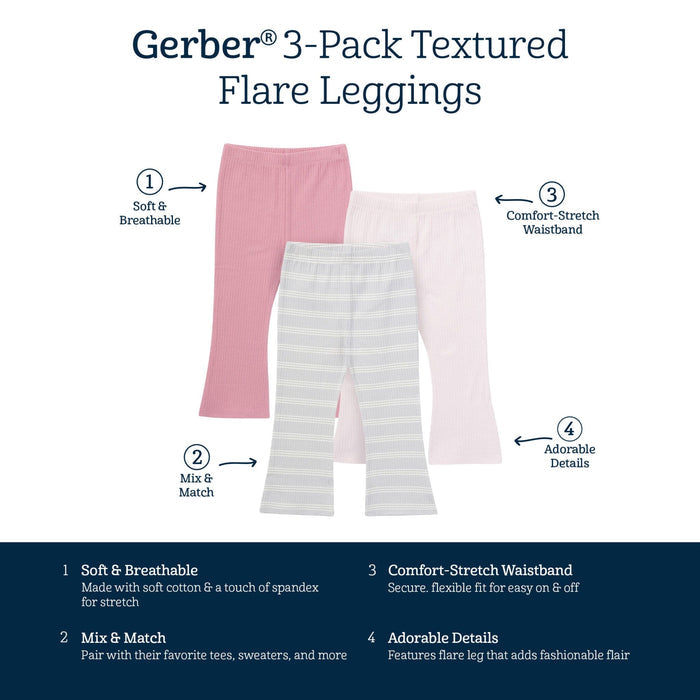 3-Pack Infant & Toddler Girls Gray and Pink Ribbed Flare Leggings bottoms Gerber®