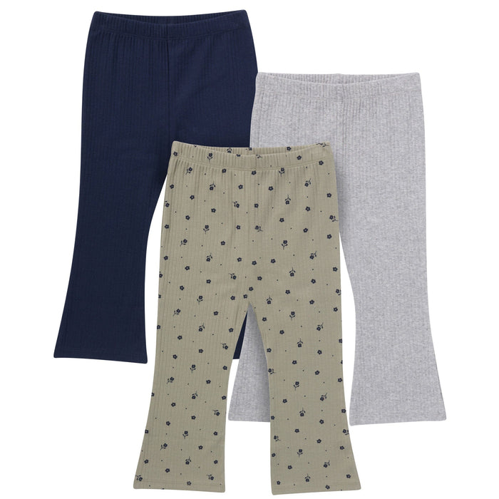 3-Pack Infant & Toddler Girls Green Daisies, Blue and Gray Textured Flare Leggings bottoms Gerber®
