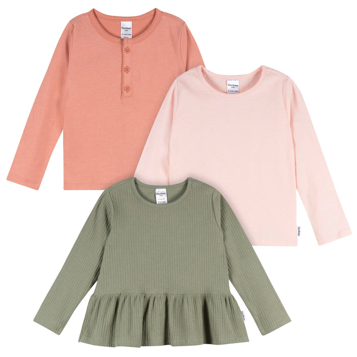 3-Pack Infant & Toddler Girls Green/Pink/Coral Long Sleeve Shirts Tops Gerber®