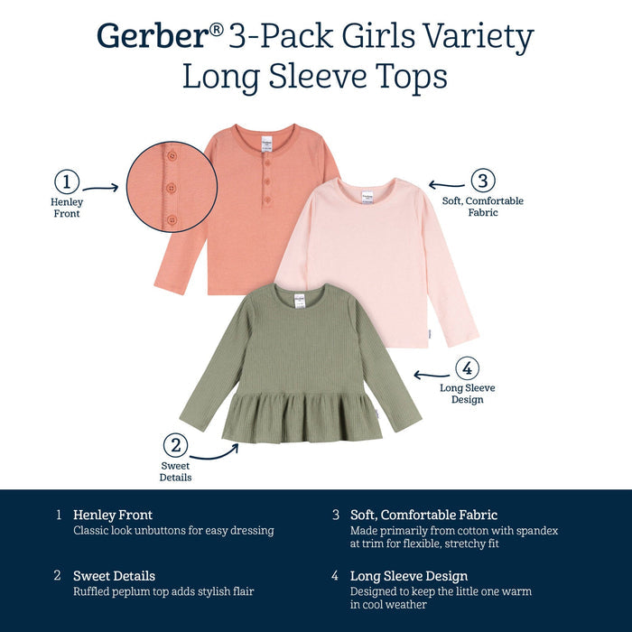3-Pack Infant & Toddler Girls Green/Pink/Coral Long Sleeve Shirts Tops Gerber®
