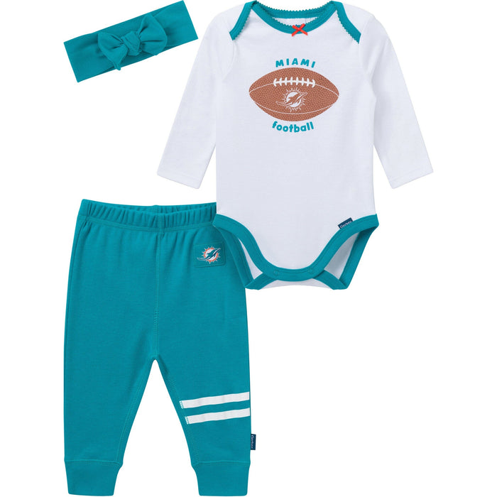 3-Piece Baby Girls Miami Dolphins Bodysuit, Pants & Headband Set Outfits & Sets NFL