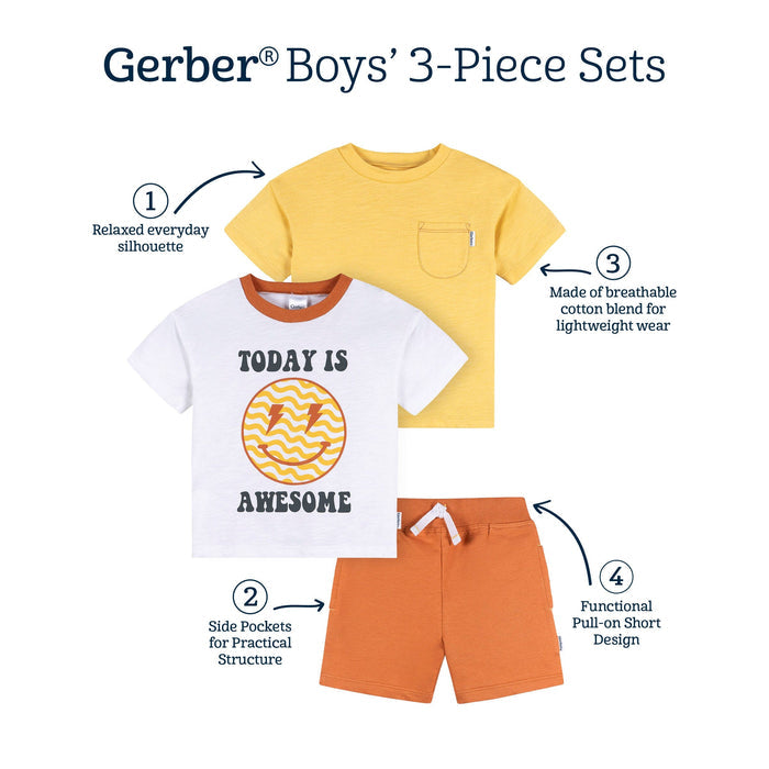 3-Piece Infant & Toddler Boys Awesome Yellow T-Shirts & Shorts outfits Gerber®