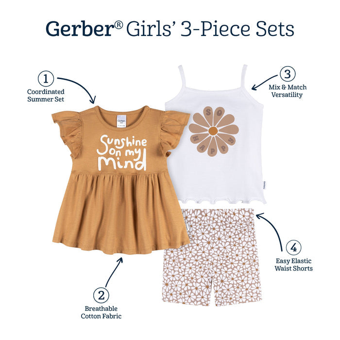 3-Piece Infant & Toddler Girls Daisy Sunshine T-Shirts & Shorts outfits Gerber®