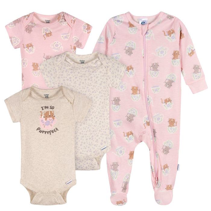 4-Pack Baby Girls Teacup Kittens Onesies® Bodysuits and Sleep 'N Play outfits Gerber®