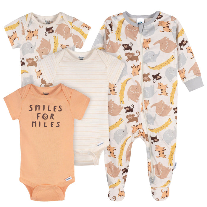 4-Pack Baby Neutral Safari Smiles Onesies® Bodysuits and Sleep 'N Play outfits Gerber®