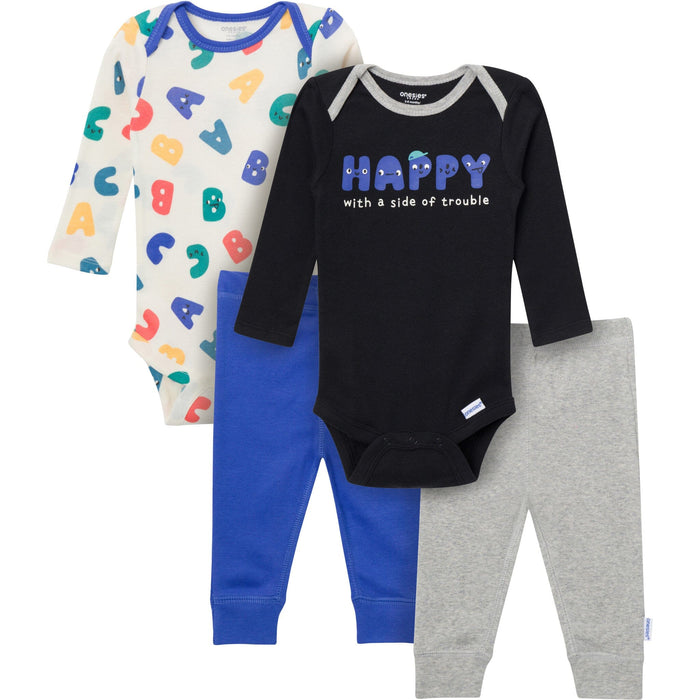 4-Piece Baby Boys Happy Letters Onesies® Bodysuits and Pants outfits Gerber®