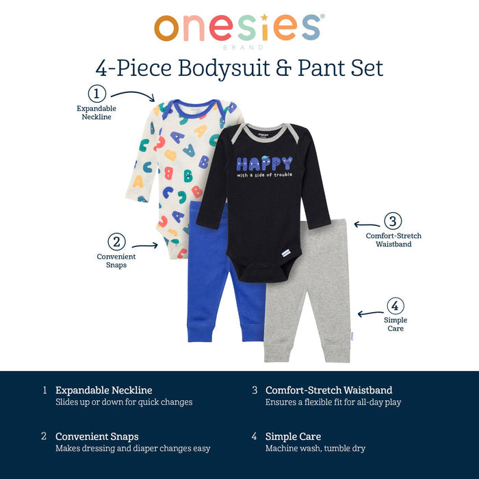 4-Piece Baby Boys Happy Letters Onesies® Bodysuits and Pants outfits Onesies® Brand