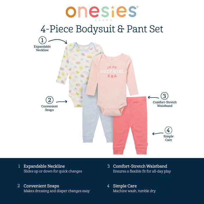 4-Piece Baby Girls Cozy Girl Onesies® Bodysuits and Pants outfits Onesies® Brand