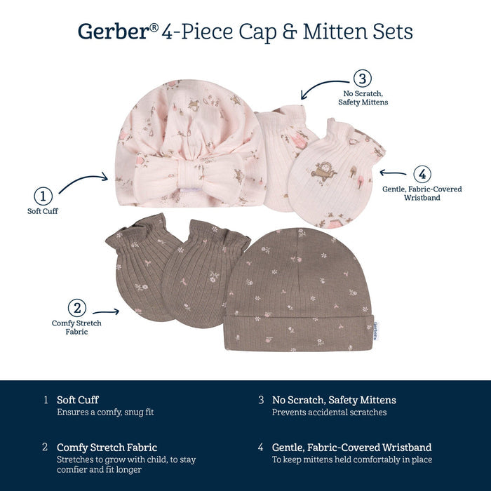 4-Piece Baby Girls Garden Cap and Mitten Set Accessories Gerber®
