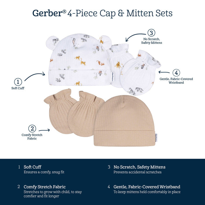 4-Piece Baby Neutral Safari Cap and Mitten Set Accessories Gerber®