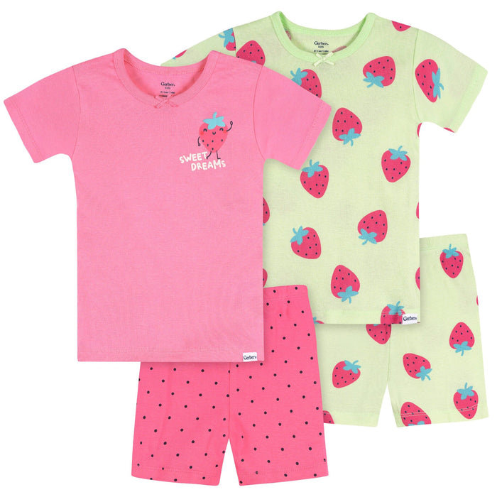 4-Piece Infant & Toddler Girls Pink and Green Strawberries Cotton Pajama Short Set sleepwear Gerber®