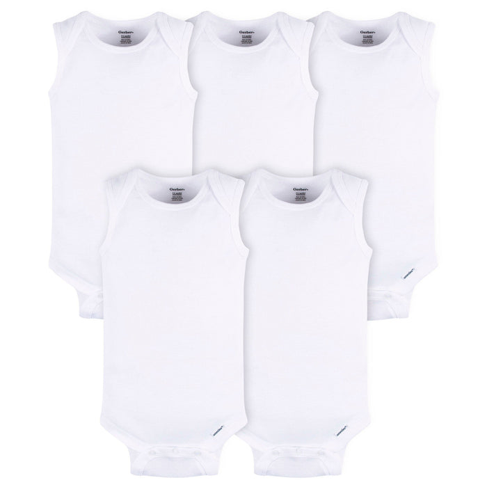 5- Baby Neutral White Sleeveless Onesies® Bodysuits